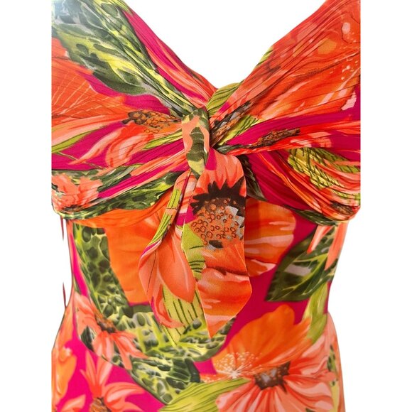 Sue Wong Size 12 Silk Floral Sundress Adjustable Straps Orange Red Green Lined - Picture 3 of 13